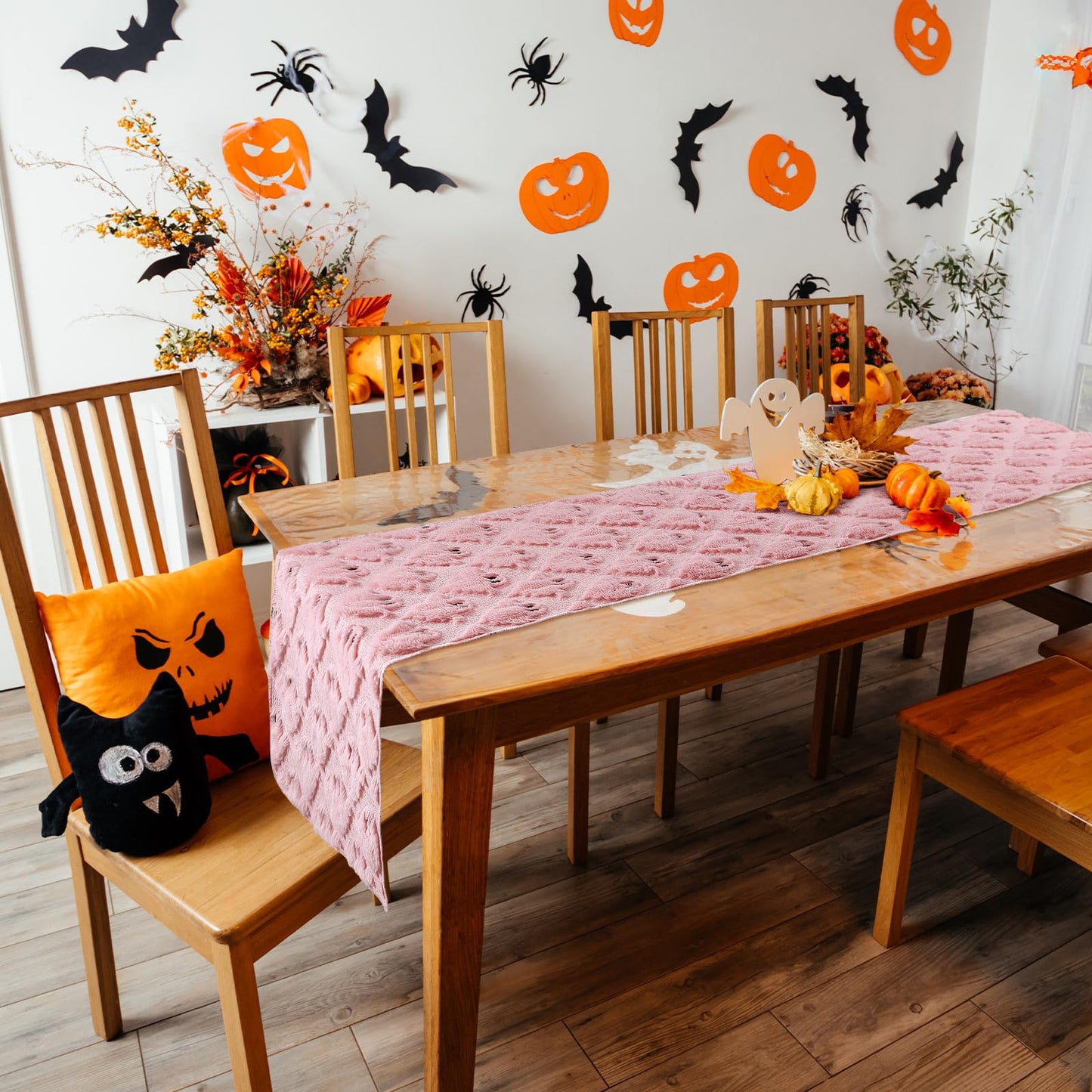 Reallnaive Pink Ghosts Halloween Table Runner Fall Kitchen Dining Runners Halloween Table Decorations for Indoor Outdoor Home Party Decor, 13 x 72 Inch