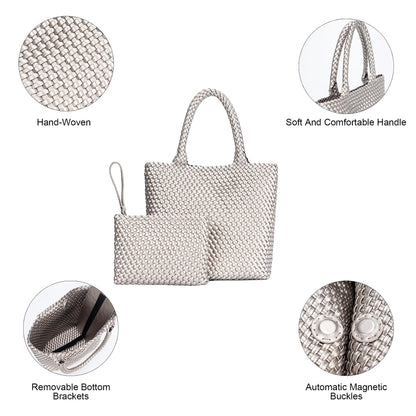 BAGOK Woven Tote Bag for Women, Handwoven Vegan Leather Shoulder Bag with Zipper Clutch, Large Tote Purse for Work, Travel, Beach & Weekend Getaway