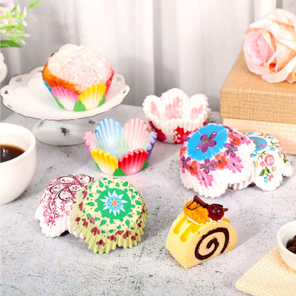 Patelai 600 Pcs Flowers Cupcake Liners Disposable Colorful Paper Baking Cups Disposable Floral Cupcake Wrappers Muffin Liners for Spring Summer Boho Wedding Birthday Shower Bridal Party