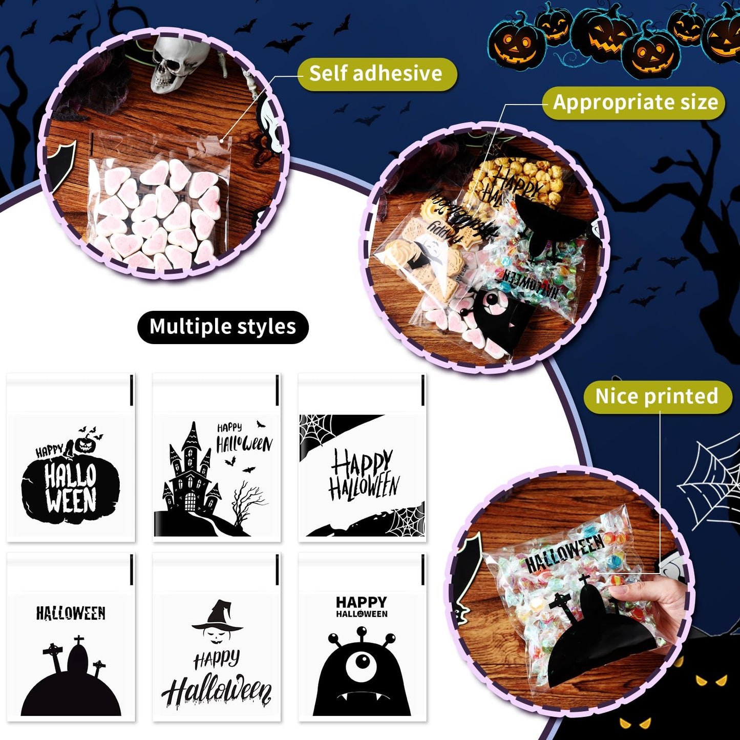 Gersoniel 300 Pcs Halloween Cookie Treat Bags 5.9 x 5.9 Inch Happy Halloween Self-adhesive Cellophane Candy Goodie Bags for Party Favors DIY Supplies