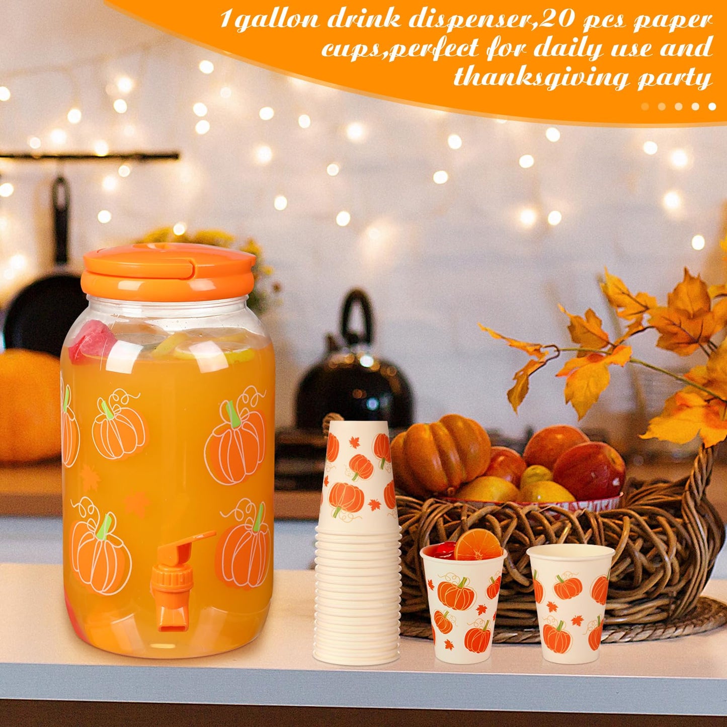 Umigy 1 Gallon Fall Pumpkin Plastic Drink Dispenser with 20 Pcs 12 oz Paper Cups Thanksgiving Harvest Kitchen Decoration Beverage Water Dispenser with Spigot for Juice Beer Autumn Party Supplies