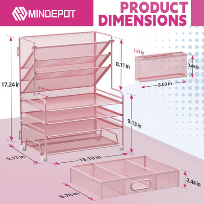 MINDEPOT 4-Tier Paper Organizer + 3-Pocket File Holder + Drawer + Pen Holders, Desktop File Organizers Paper Tray for Office Supplies School Classroom Organization (Pink, with Drawer & Pen Holder)