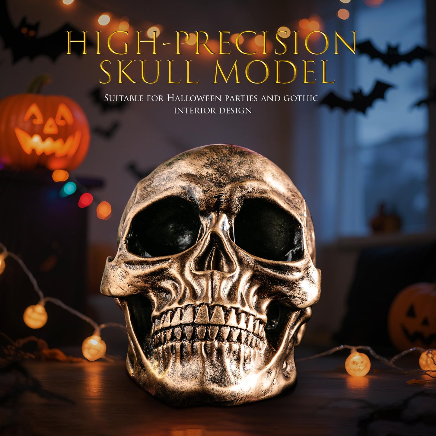 Mowtanco Halloween Skull Statues – Set of 2 Resin Skeleton Head Decorations (Gold & White) – 7.7" Realistic Skull Decor for Indoor Halloween Party, Tabletop Centerpiece, Spooky Home Accents