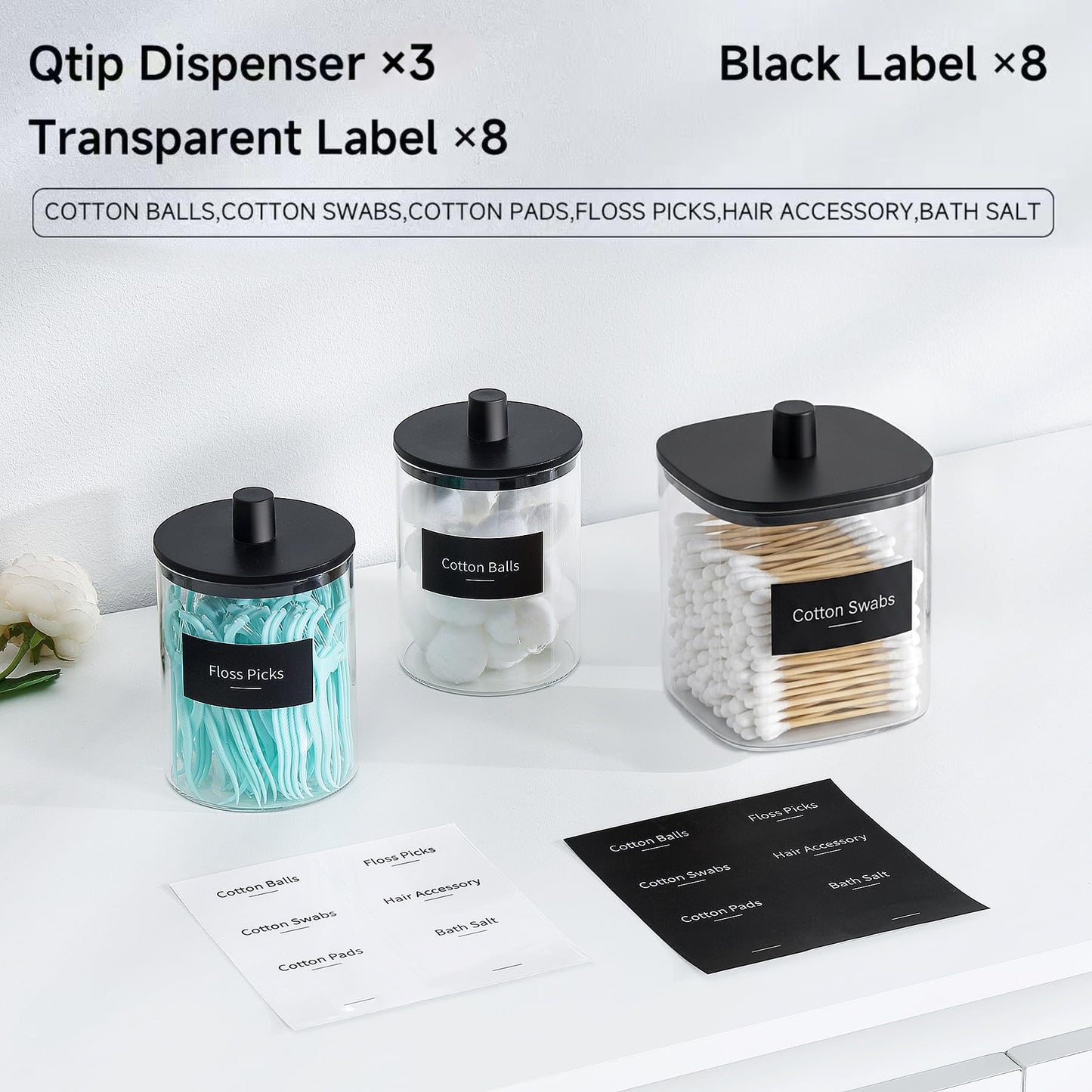 3 Pack Glass Qtip Holder Dispenser- 10 oz Clear Canister Apothecary Jar, Bathroom Vanity Storage Organizer Set for Cotton Swabs, Pads, Floss Picks, Small Containers for Makeup Storage (Black)