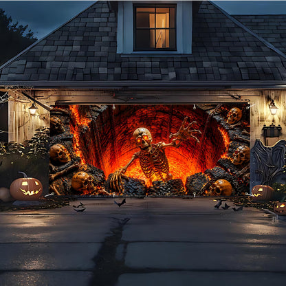 16x7 Ft Halloween Garage Door Banner Cover Decorations, Scary Skeleton Floating in Hell Fire Lava Backdrop, Large Creepy Skulls Outdoor Wall Mural Decor for Double Car Garage Door Holiday Party