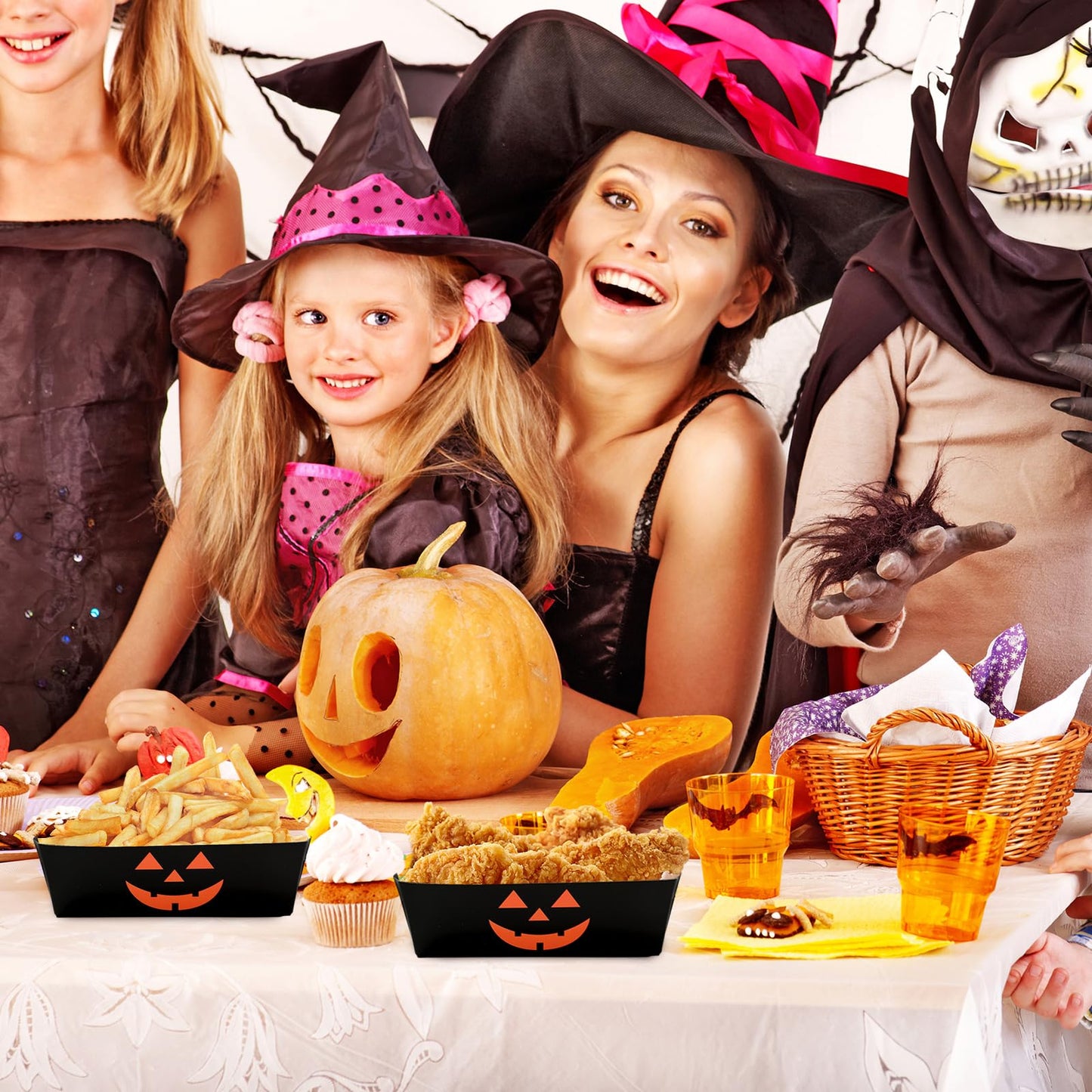 Whaline 50Pcs Halloween Paper Food Trays Grimace Pumpkin Paper Food Boats Orange Black Food Holder Disposable Serving Trays for Party Supplies