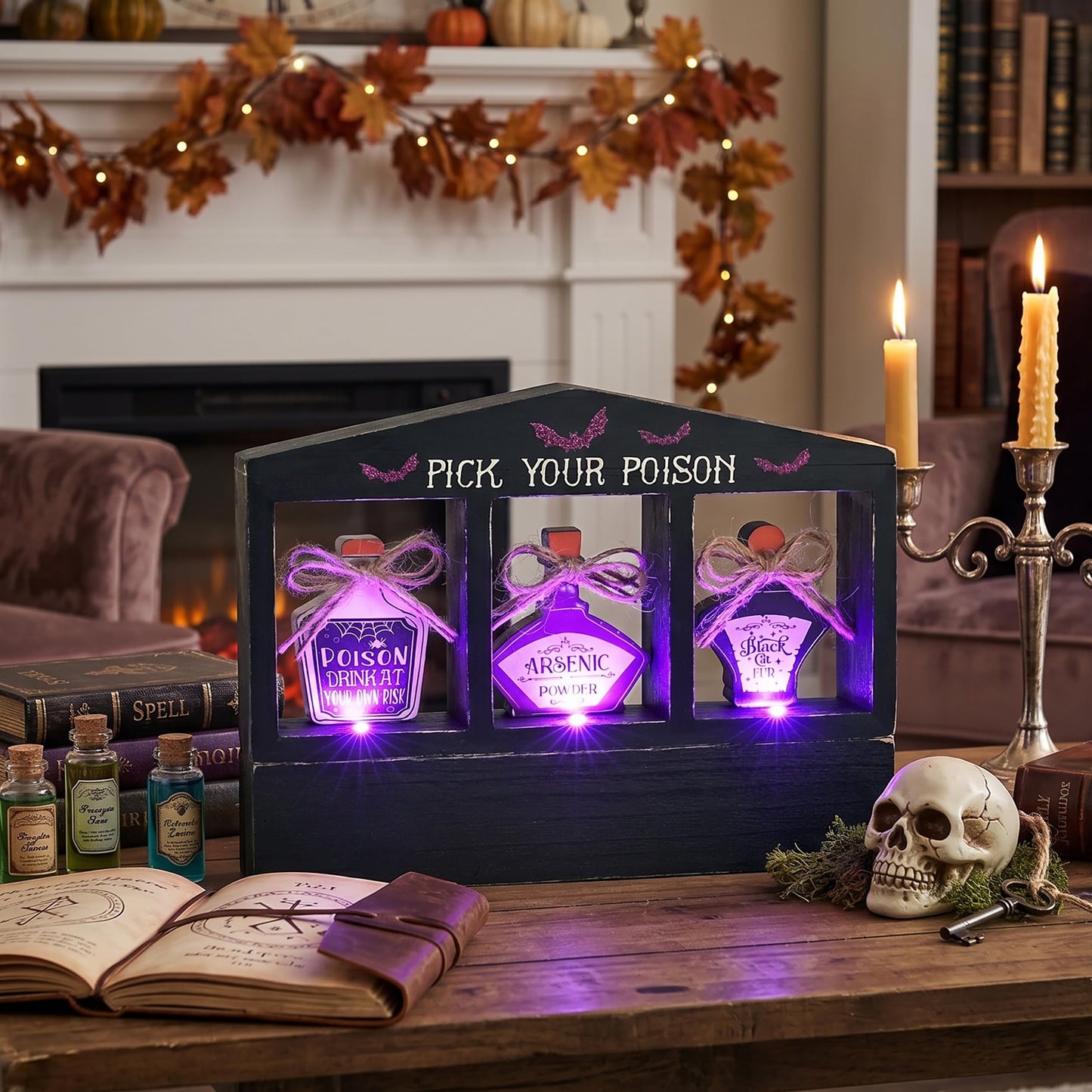 Valery Madelyn Halloween Decorations Indoor with Purple LED Lights, Lighted Spooky Halloween Decor Pick Your Poison Tabletop Sign, Witch Decorations for Home Party Office, 8 Inch