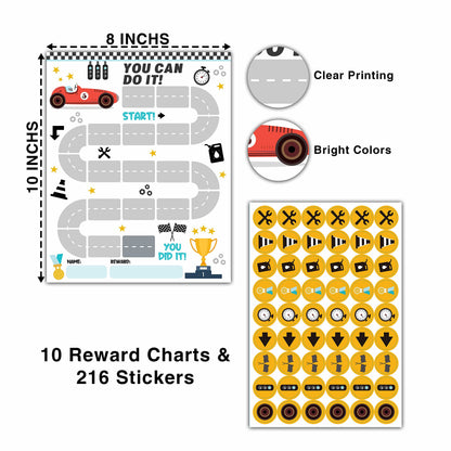 10 Racing Car Reward Chart with 216 Round Stickers, Incentive Behavior Chart for Kids at Home Classroom, Kids Routine Daily Chore Sticker Chart-A08