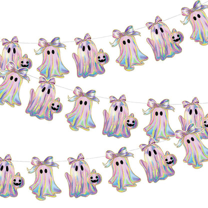 Oudain 2 Pack Halloween Ghost Garland 6.56 ft Iridescent Ghost Decor Laser Cute Boo Holographic Paper Bow Hanging Banner for Halloween Party Decor Birthday Party Home Indoor Outdoor Mantel