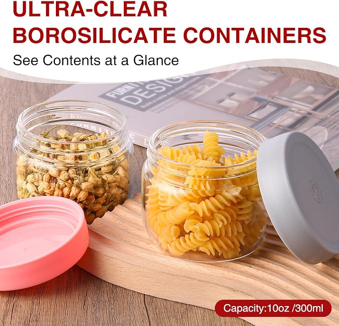 6 Pack 10oz Borosilicate Glass Jars with Lids – Fits 1 Cup Recipes and Toppings – Freezer to Oven Safe (-4°F to 446°F) Meal Prep Containers for Chia Pudding, Overnight Oats, Yogurt