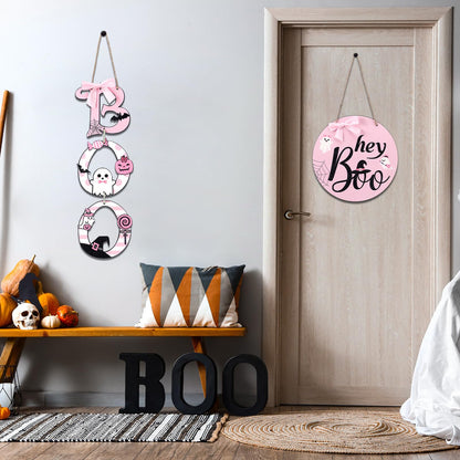 Amyhill 2 Pcs Halloween Door Sign Pink Boo Wooden Sign Ghost Wreath Decorations with Pink Bow for Farmhouse Front Door Hanger Porch Wall Decor