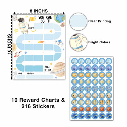 10 Outer Space Astronaut Reward Chart with 216 Round Stickers, Incentive Behavior Chart for Kids at Home Classroom, Kids Routine Daily Chore Sticker Chart-A17
