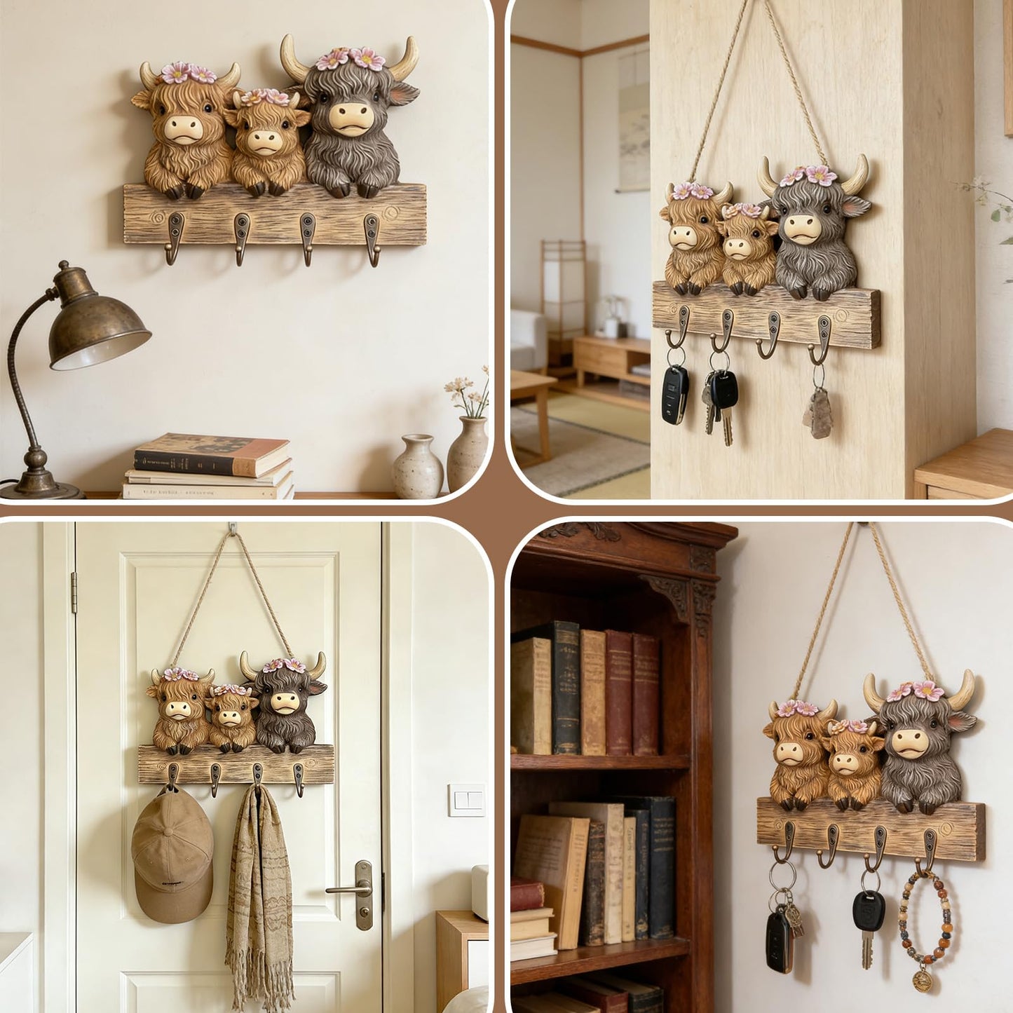 3D Highland Cow Key Holder Wall Mount, Rustic Farmhouse Key Hooks with 4 Metal Hooks, Decorative Resin Highland Cow Figurine Hanging Organizer Home Decor for Entryway Office Hallway and Living Room