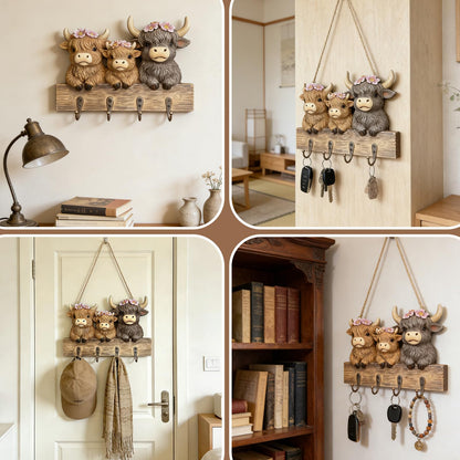 3D Highland Cow Key Holder Wall Mount, Rustic Farmhouse Key Hooks with 4 Metal Hooks, Decorative Resin Highland Cow Figurine Hanging Organizer Home Decor for Entryway Office Hallway and Living Room