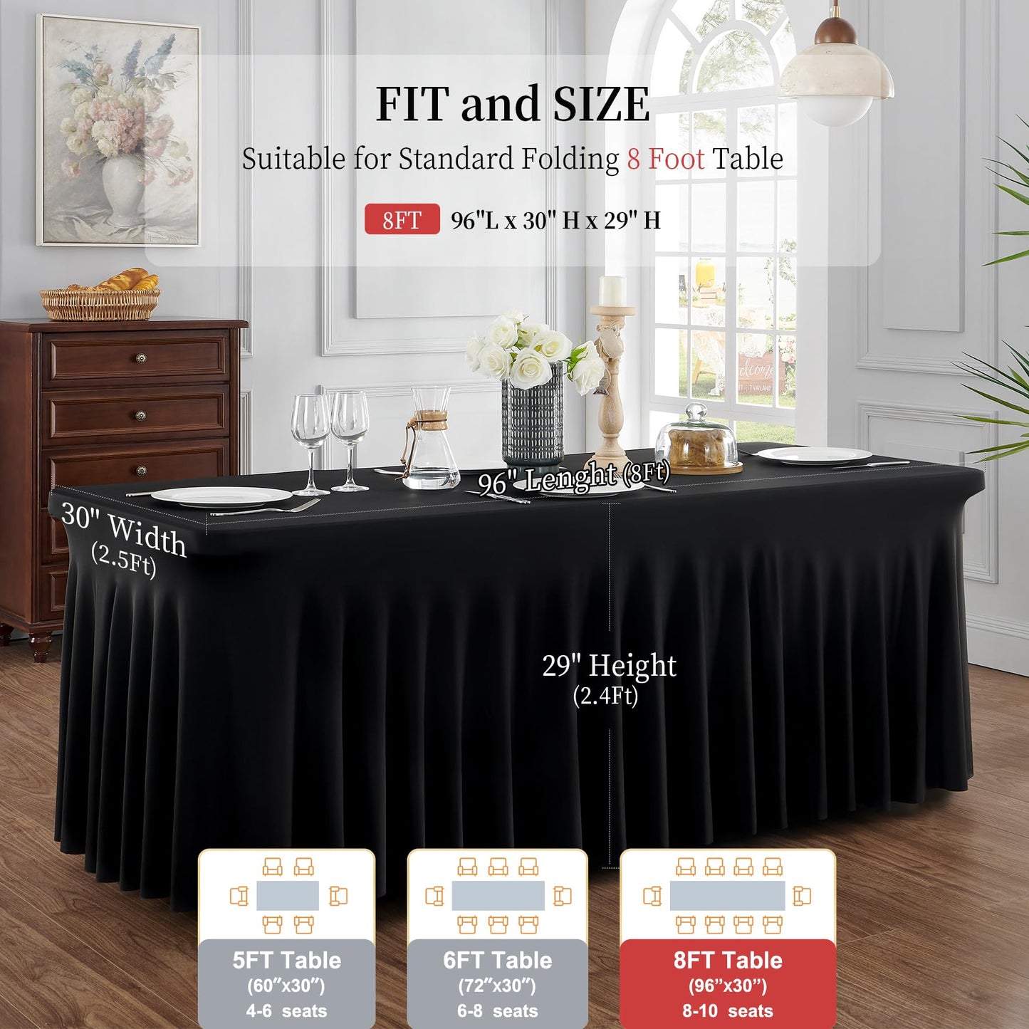 Outpain Wrinkle Free Spandex Tablecloth for 6 Foot Rectangle Tables, 8 Pack Black Fitted Table Cloths 6ft Stretchy Banquet Table Clothes Cover Desk Skirt for Birthday Wedding Parties Baby Shower