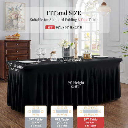 Outpain Wrinkle Free Spandex Tablecloth for 6 Foot Rectangle Tables, 8 Pack Black Fitted Table Cloths 6ft Stretchy Banquet Table Clothes Cover Desk Skirt for Birthday Wedding Parties Baby Shower