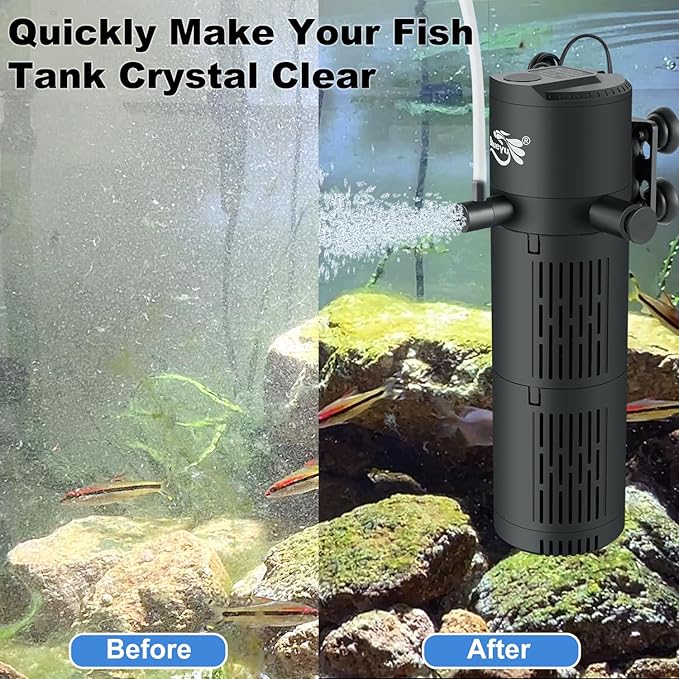 Aquarium Filter, Fish Tank Filter 4-in-1 for 30-80 Gallon Tanks, Submersible Internal Filter with Wave-Maker, Oxygenation & Adjustable Air Flow for Freshwater/Saltwater/Turtle Tanks (12W)