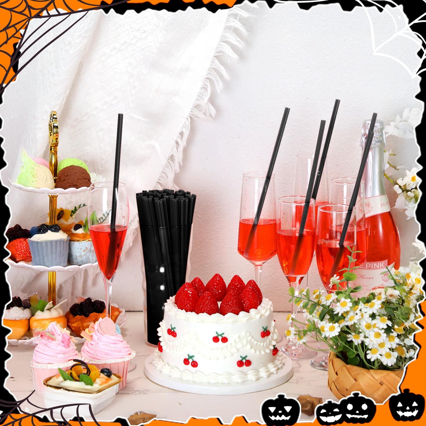 Potchen 100 Pcs Plastic Straws Disposable Drinking Straw Bulk for Cocktail Summer Wedding Birthday Party Spooky Party Supplies(Black,Ghost)