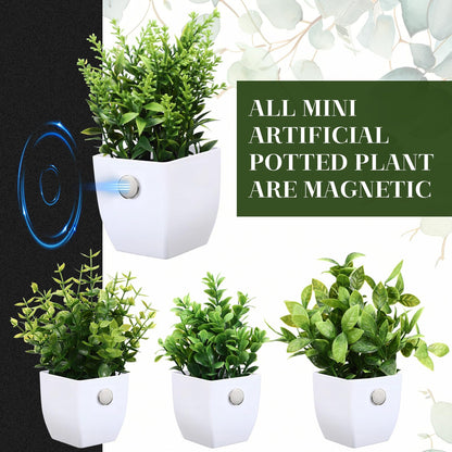 Suncalla 4 Pack Mini Magnetic Fake Plants for Classroom Whiteboard Small Artificial Potted Plants with Faux Flowers Decorative 3D Magnets for School Office Home Decor(Greenery)