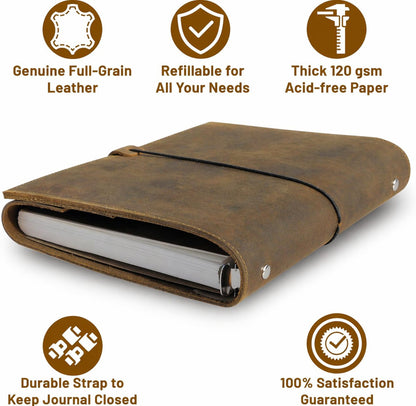 Wanderings A5 Leather Binder Planner - Refillable 6 Ring Journal with Inner Pockets - Hand-Crafted Genuine Leather Organizer- Filofax Compatible. 2026/27 Monthly Weekly Calendar with Notes - 6" x 8.5"