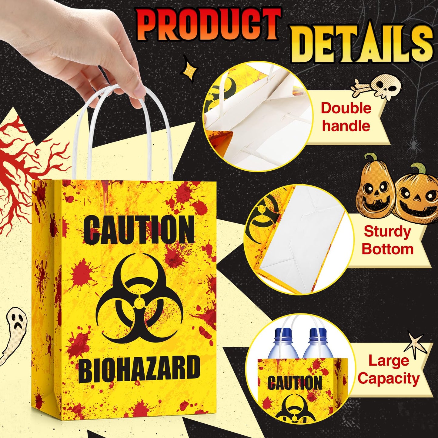 TaoBary 24 Pcs Halloween Biohazard Treat Bags Halloween Paper Gift Bags with Handles Zombie Theme Horror Party Favors for Candy Goodie Snacks Holiday Party Supplies
