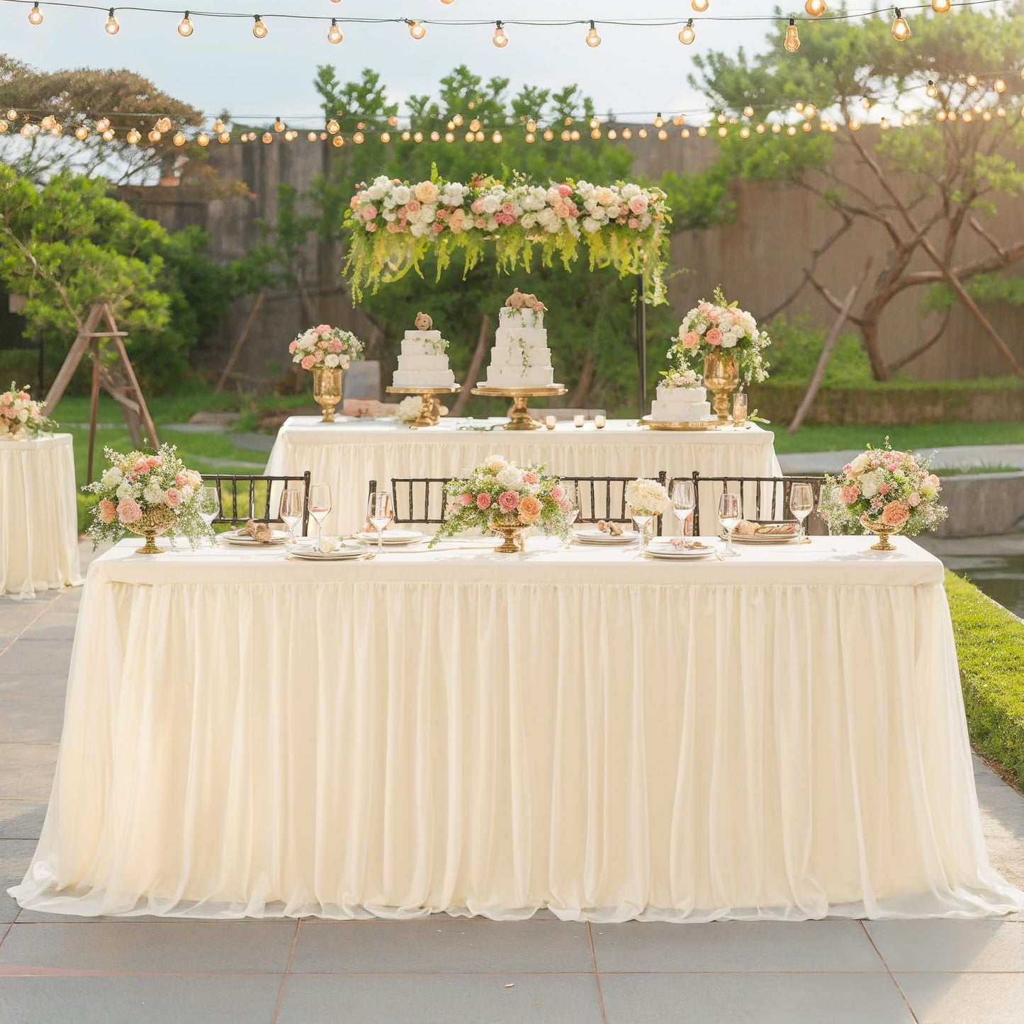 6ft Champagne Tulle Tablecloths for Rectangle Tables Stretch Rectangular Table Cloths Wrinkle Free 6 Foot Spandex Table Cover with Tutu Skirt for Wedding Birthday Party Banquet Buffet Cake Desk Skirt