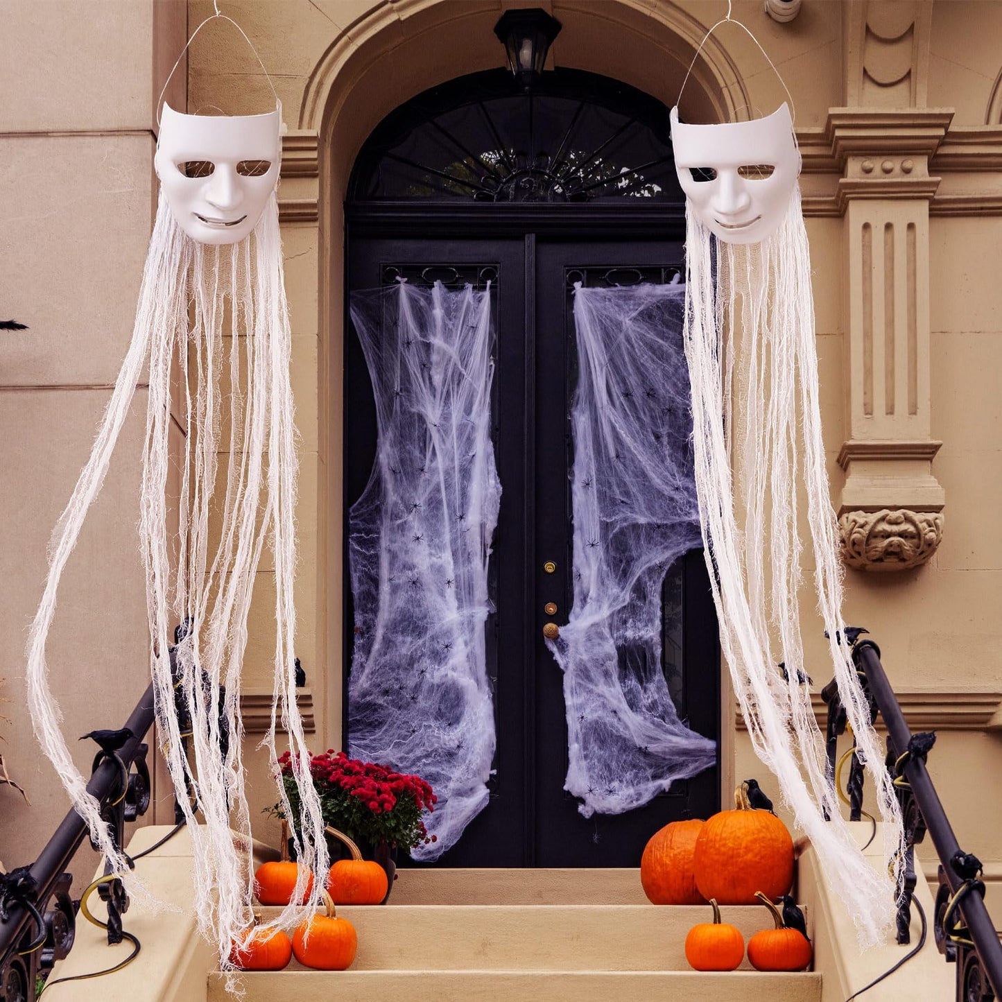 VitalCozy 4 Pcs Halloween Decorations Outdoor Hanging Ghost White Masks with Purple LED Lights Swinging Floating Glowing Ghost Light up Halloween Outdoor Tree Lawn Yard Garden Porch Decorations