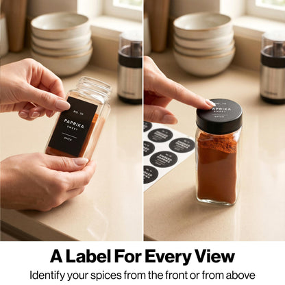 Minimalist Spice Jar Labels Self-Adhesive - 240 Stickers for Spice Jars, Spice Jars & Drawers, Round & Rectangular, Waterproof Spice Organiser Labels for Kitchen Organisation (Black)