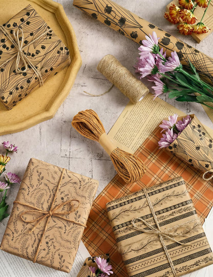 Kraft Floral Wrapping Paper- 3 Mini Rolls, 17 Inch x 9.8 Feet Each- 80gsm Gift Wrapping Paper with 33Ft Wrapping Twine, Grid Lines on Reverse- Perfect for Birthday Mother’s Day Wedding Christian Gifts