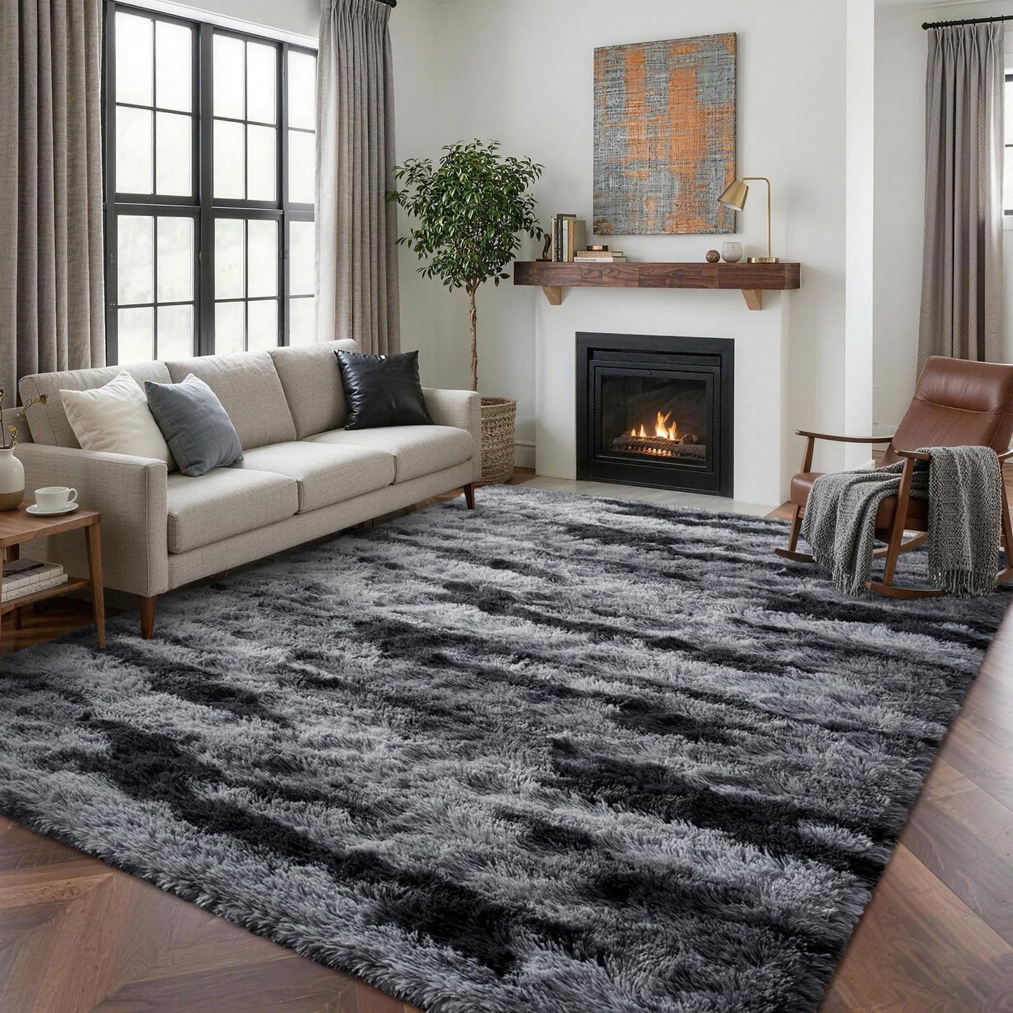 5x7 Ft Large Shag Rug for Living Room Bedroom,Tie-Dyed Ultra Soft Fluffy Furry Area Rug, Aesthetic Carpet for Indoor Floor Home Decor (Black)