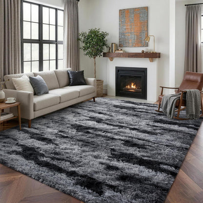 5x7 Ft Large Shag Rug for Living Room Bedroom,Tie-Dyed Ultra Soft Fluffy Furry Area Rug, Aesthetic Carpet for Indoor Floor Home Decor (Black)