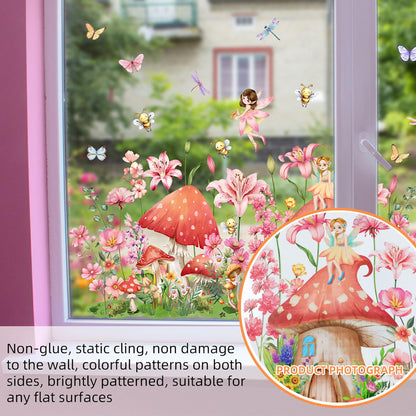 AOLTNRC Fairy Garden Window Clings, Double-Side Glass Decals Enchanted Mushroom House with Flowers and Butterflies Glass Stickers, Reusable Nursery Room Home Decor (Pink)