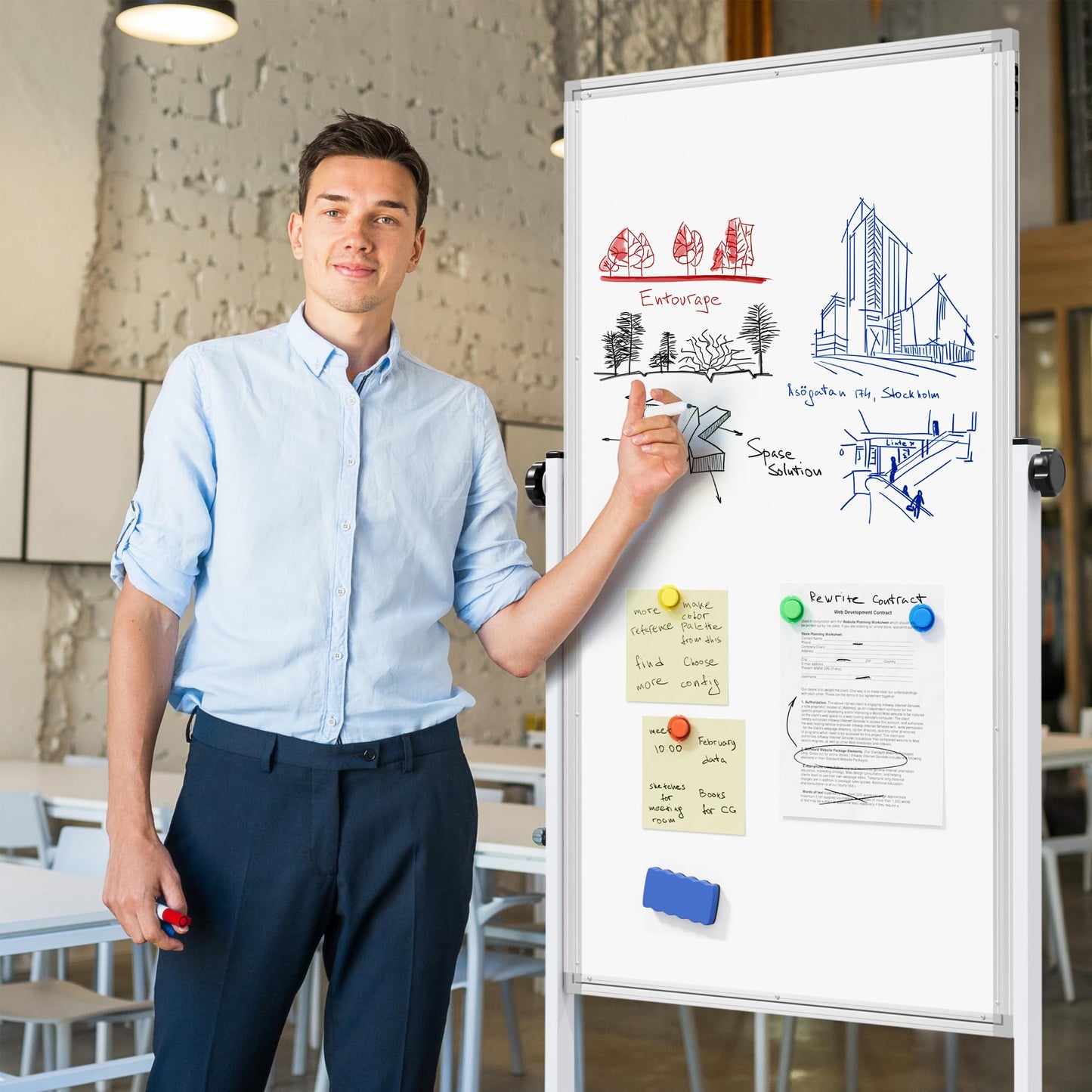 Large Rolling Whiteboard on Wheels, 48" x 24" Height Adjustable Mobile White Board with Stand, 4' x 2' Portable Standing Magnetic Dry Erase Board Easel for Home Office Classroom School, Silver