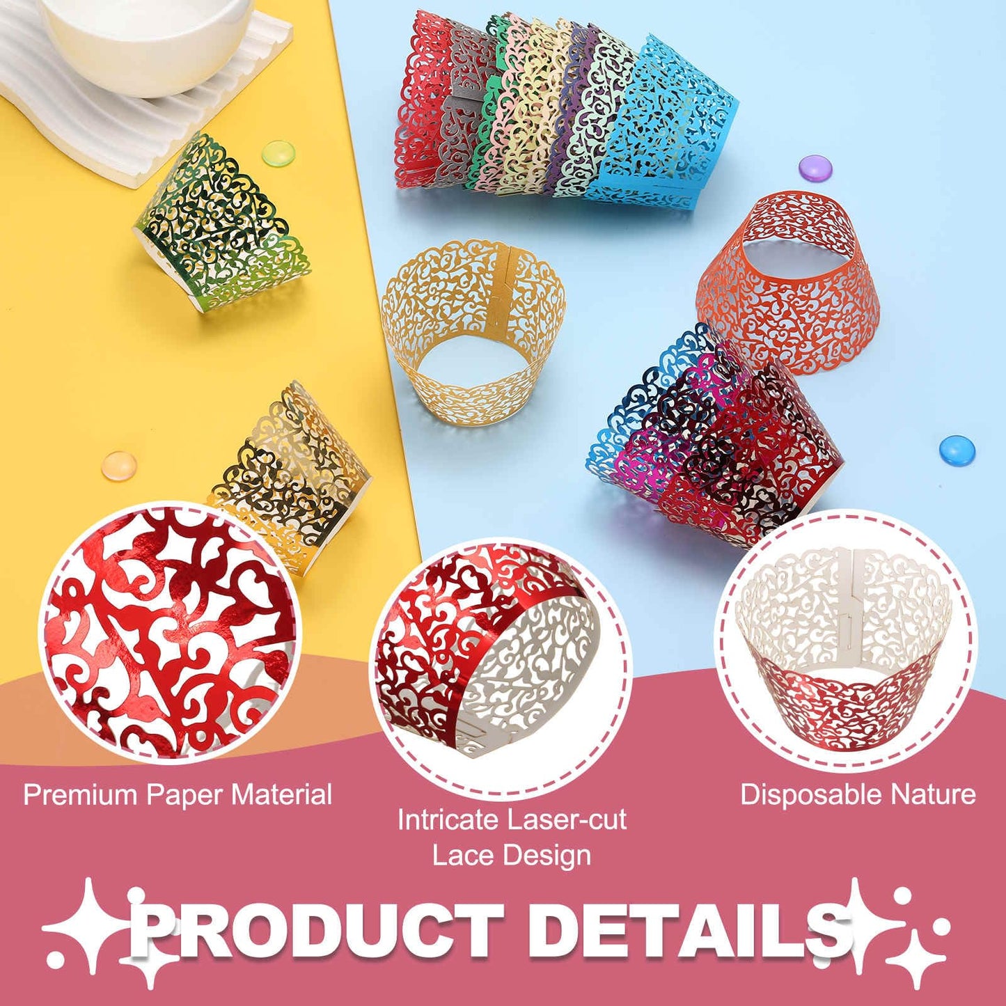 HARFINGTON 50 Pcs Lace Cupcake Liners Standard Vine Designed Hollow Out Cupcake Wraps Artistic Bake Cake Paper Cups for Anniversary Birthday Weddings Parties, Reflective Dark Red