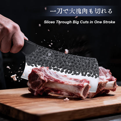 SANMEIHO 8 PCS Butcher Knife Set, Japanese Kitchen Knife Set, Hand Forged Chef Knife Set with Leather Roll Bag, Sharp Meat Cleaver Knife for Kitchen & Hunting & Camping & BBQ, Best Gift for Men