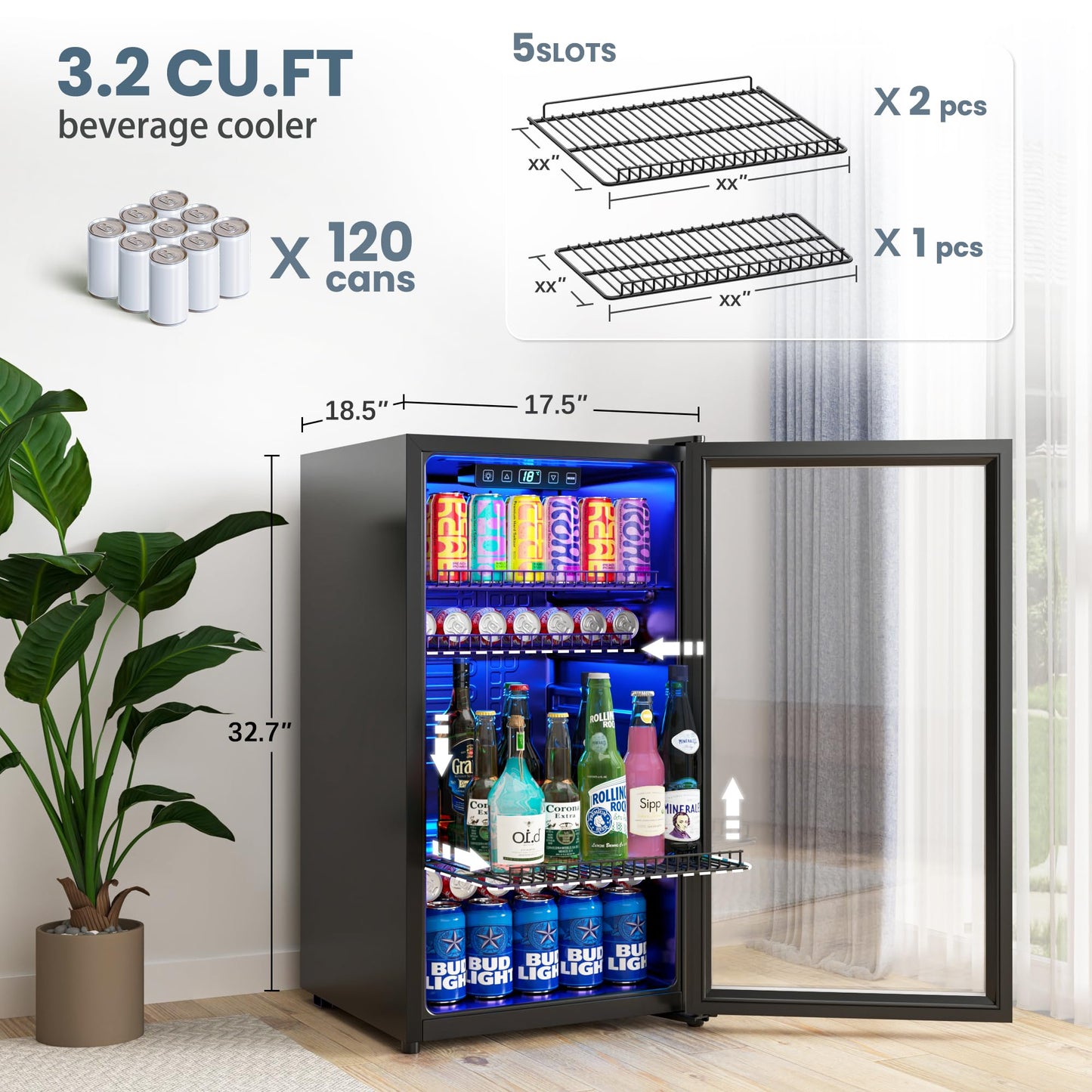 Manastin Beverage Refrigerator Cooler-Mini Fridge Freestanding Cooler with Glass Door, Adjustable Shelves & Digital Temperature Display for Soda, Wine or Beer (Silver, 3.2 Cu.Ft)