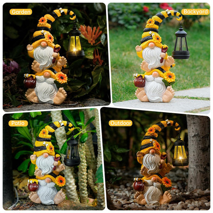 QZZP Solar Bee Garden Gnomes with LED Lantern – Waterproof Stacked Outdoor Decor for Yard, Patio – Unique Gnome Gift for Women, Mom, Grandma (Weatherproof Resin, Outdoor Statues)