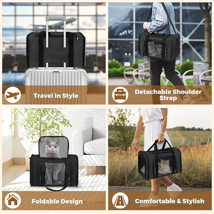 Cat Carrier Soft for Pets Up to 15 Lbs, Cat Travel Bag Soft-Sided with Padded Shoulder Strap, Pet Dog Carriers for Small Dogs Travel Puppy Carry Airline Approved, Black