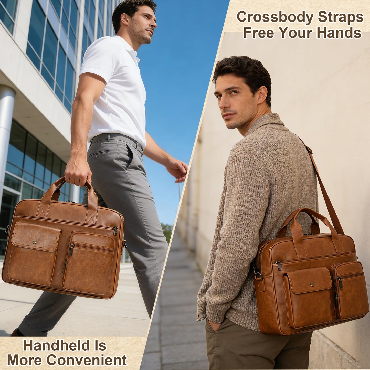 Yuni Sophy Briefcase for Men 15.6 Inch Laptop Messenger Bag Faux Leather Multi-Pocket Business Work Bag Waterproof Office Travel (Brown)