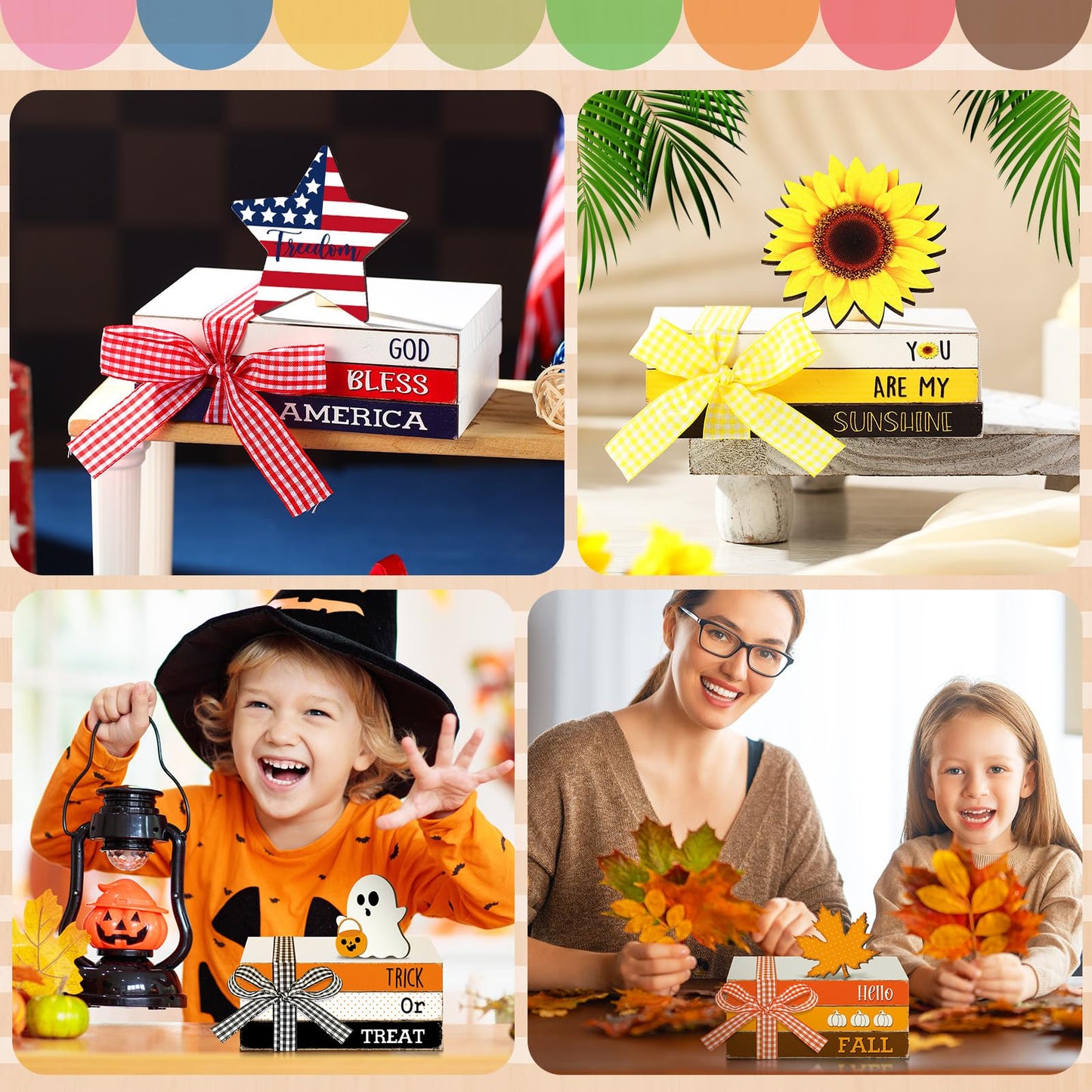 Menkxi Valentines Decorations Valentine's Day Wooden Book Stack Table Centerpiece Seasonal Highland Cow Decoration Tiered Tray Decor Gift for Party Kitchen Home Dining Table Decor(Book Block)