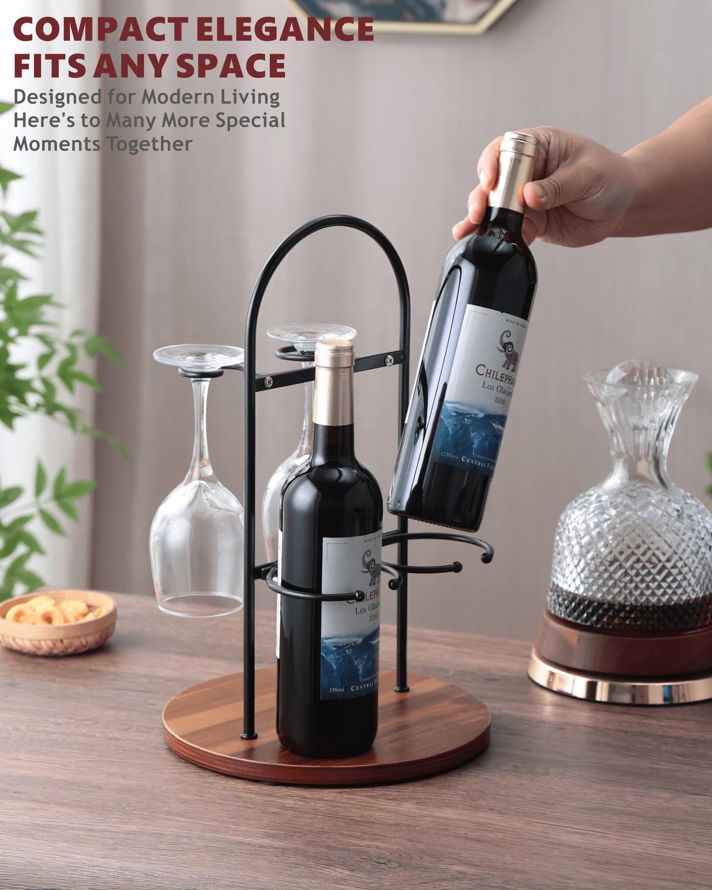 Wine Bottle and Glass Holder for Countertop | Small Wine Rack for 2 Bottles & 2 Glasses | Modern Tabletop Wine Storage with Round Wood Base | Freestanding Wine Stand & Caddy for Home Bar (Black)