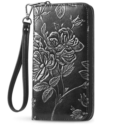 FORUWISH Wallet Women RFID Credit Card Holder Embossed Vegan Leather Large Capacity Black Wristlet Wallets for Women