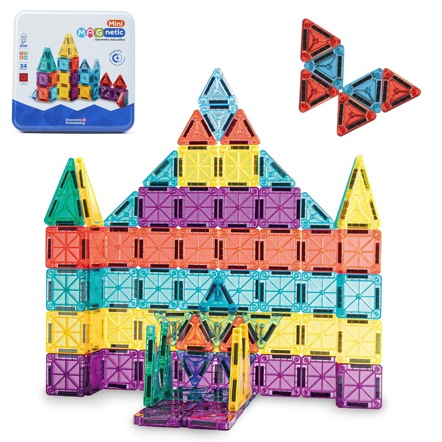 orientfire 34 PCS Mini Magnetic Tiles with Metal Storage Box,Magnetic Building Tiles,STEM Approved Educational Travel Magnetic Tiles for Kids Ages 3-8 Christmas Birthday Gifts