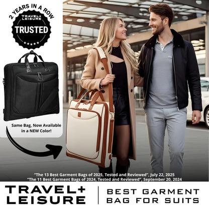 ZEGUR Premium Garment Bag Carry On for Women - Hangs Blazers, Pantsuits & More - Travel Bag with Shoulder Strap and Laptop Compartment (Beige with Saddle Brown Leather)