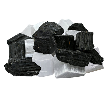 Amazing Gemstone Black Tourmaline Selenite Crystal - 1lb Bulk Raw Black Tourmaline Crystals and Selenite Healing Crystals for Protection, Crystal Grid, Energy Piedra Selenita Original