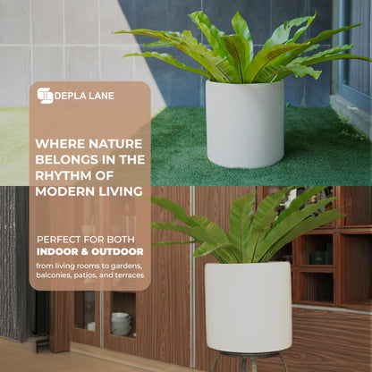 DEPLA LANE Lumero Fiberstone Cylinder Planter (12.0" Pot Opening x 13.8" D x 13.8" H) Smooth Finishes, Lightweight, Durable, UV Resistant, Modern Minimalist Decor, Indoor Outdoor Plant Pot (L, White)