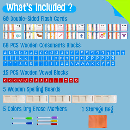 154 PCS Wooden CVC Word Spelling Game, Short Vowel Spelling Flashcards Sight Words Flash Cards Montessori Early Educational Toys for Preschool Kindergarten (5 Dry Erase Marker Included)
