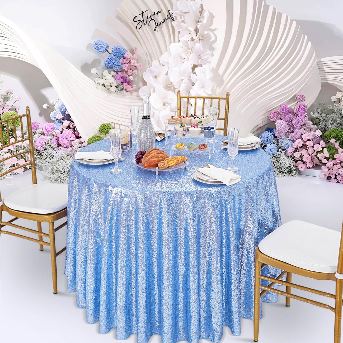 B-COOL Baby Blue Round Tablecloth - 90 Inch Sequin Tablecloth Party Table Covers for Wedding Banquet Dining Birthday Halloween Christmas Party Table Decoration