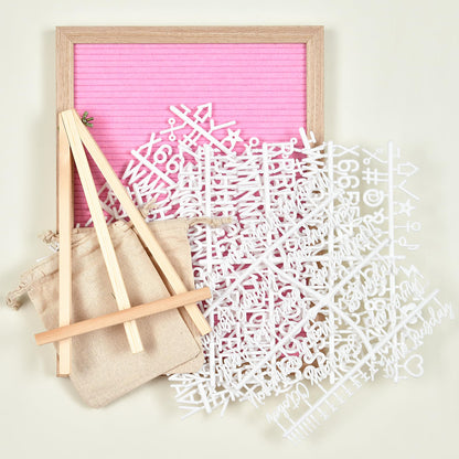 Felt Letter Board with 402 Letters, Numbers & Symbols - 12 x 16 inch Large Changeable Message Board with Wooden Frame Wall Mount Hook, 2 Canvas Bags, Wood Stand (Pink)