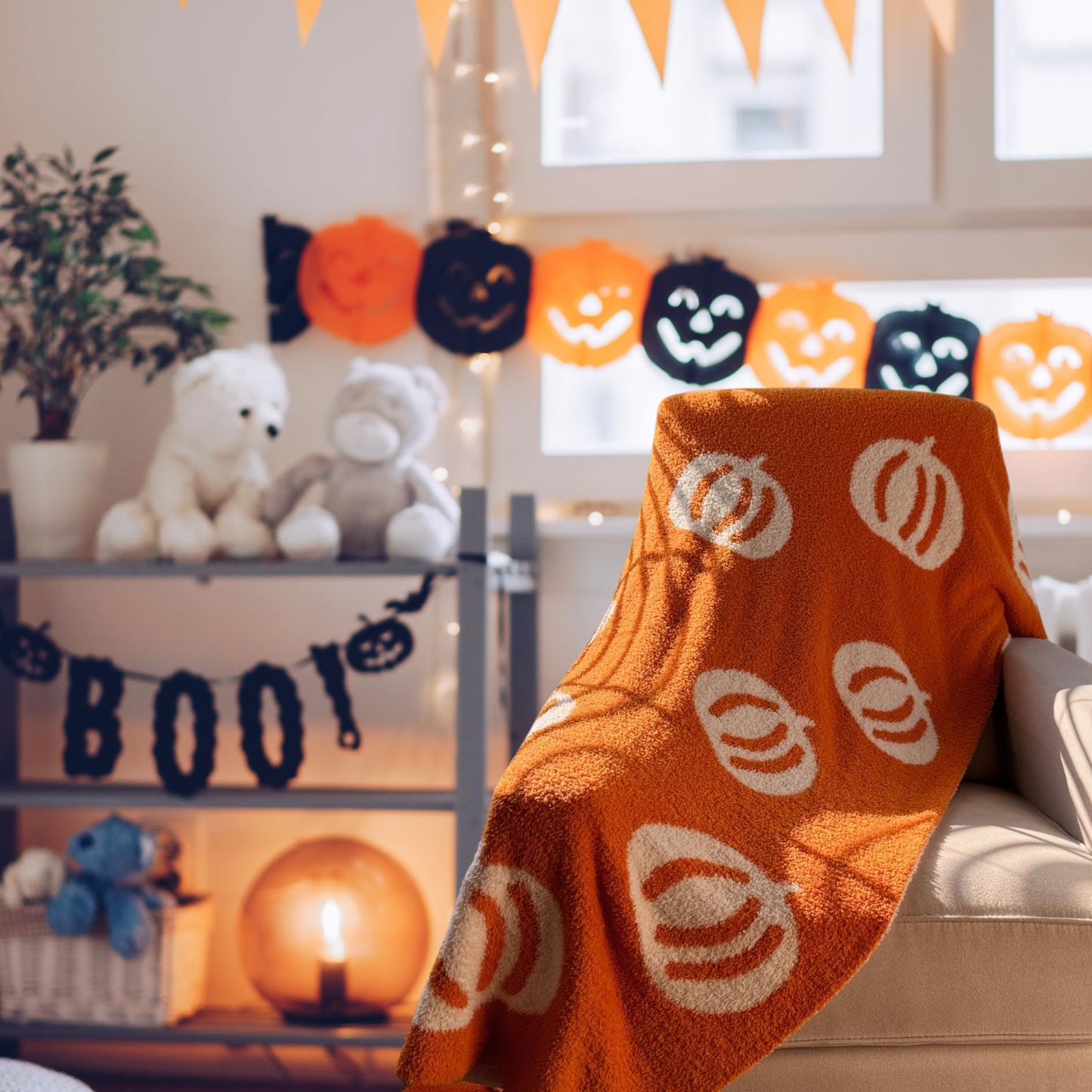Large 58"x75" Pumpkin Throw Blanket Microfiber Super Soft Fluffy Fuzzy Plush Fall Halloween Reversible Blanket Baby Kids Adults | Modern Pumpkin Print | Adults